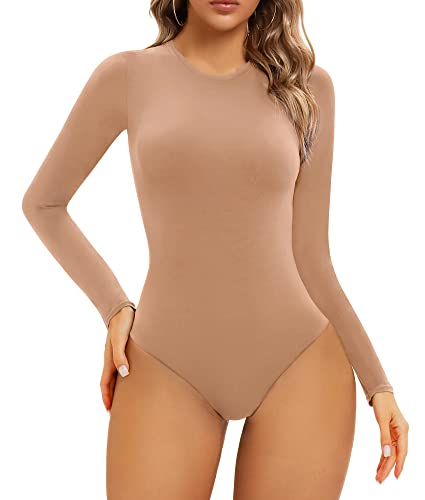 SHAPERX Body Damen Bodysuit Hoher Elastizität Langarm Top Rundhals T-Shirt Tanga, UK-SZ5242-Sienna-S von SHAPERX