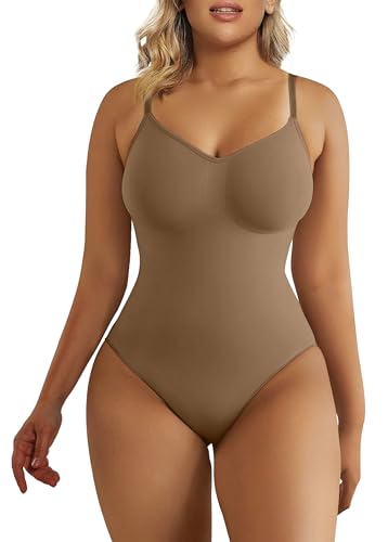 SHAPERX Bodysuit Figurenformend Damen Body Shaper Bauchweg Sculpting Shapewear Tanga Ganzkörper Formende Bodys Verstellbarer Schultergurt, UK-SZ5215-Brown-S/M von SHAPERX