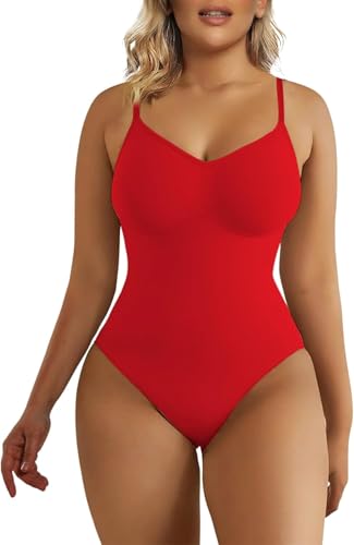 SHAPERX Bodysuit Figurenformend Damen Body Shaper Bauchweg Sculpting Shapewear Tanga Ganzkörper Formende Bodys Verstellbarer Schultergurt, UK-SZ5215-Red-4XL von SHAPERX