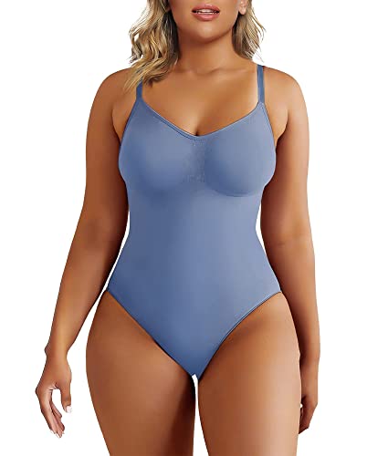 SHAPERX Bodysuit Figurenformend Damen Body Shaper Bauchweg Sculpting Shapewear Tanga Ganzkörper Formende Bodys Verstellbarer Schultergurt, UK-SZ5215-Smoke Blue-4XL/5XL von SHAPERX