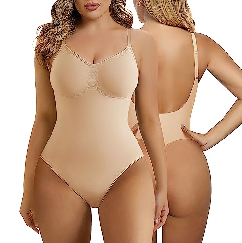 SHAPERX Bodysuit Figurenformend Damen Shapewear Bauchweg Body Shaper Tanga Ganzkörper Formende Bodys Niedriger Rücken Verstellbare Träger, UK-SZ5266-Beige-XXS/XS von SHAPERX