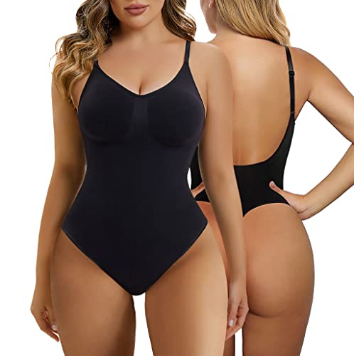 SHAPERX Bodysuit Figurenformend Damen Shapewear Bauchweg Body Shaper Tanga Ganzkörper Formende Bodys Niedriger Rücken Verstellbare Träger, UK-SZ5266-Black-XXS/XS von SHAPERX