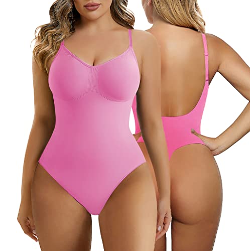 SHAPERX Bodysuit Figurenformend Damen Shapewear Bauchweg Body Shaper Tanga Ganzkörper Formende Bodys Niedriger Rücken Verstellbare Träger, UK-SZ5266-Pink-L/XL von SHAPERX