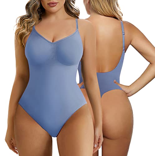 SHAPERX Bodysuit Figurenformend Damen Shapewear Bauchweg Body Shaper Tanga Ganzkörper Formende Bodys Niedriger Rücken Verstellbare Träger, UK-SZ5266-Smoke Blue-2XL/3XL von SHAPERX