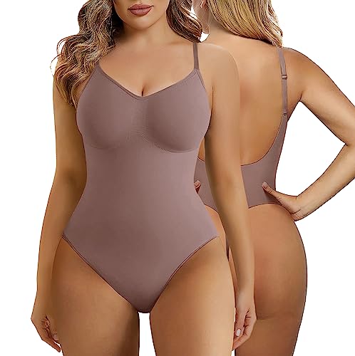 SHAPERX Bodysuit Figurenformend Damen Shapewear Bauchweg Body Shaper Tanga Ganzkörper Formende Bodys Niedriger Rücken Verstellbare Träger, UK-SZ5266-Umber-XXS/XS von SHAPERX