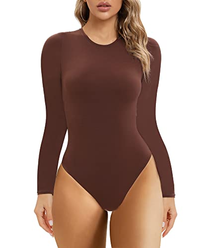 SHAPERX Damen Bodysuit - Langarm Rundhals T-Shirt Top mit Hoher Elastizität und Tanga, UK-SZ5242-Cocoa-2XL von SHAPERX