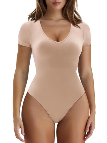 SHAPERX Shapewear Damen Bauchweg Hohe Kompression Bodysuit Sculpting Body Shaper V-Ausschnitt T-Shirt mit Tanga Stark Formend Body Suit, UK-SZ5294-Sand-2XL/3XL von SHAPERX