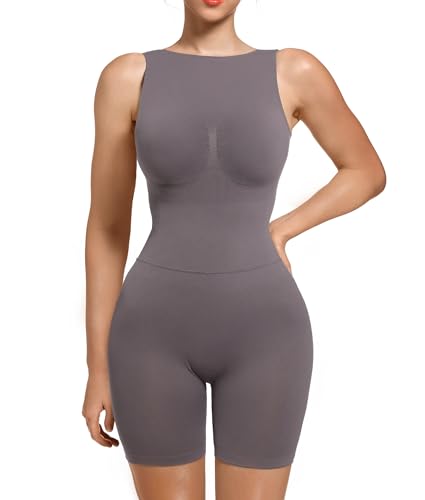 SHAPERX Shapewear Damen Body Miederbody Stark Formend Jumpsuit Kurz Figurformende Bodywäsche Abnehmen Shaping Bodysuit, Dunkelgrau, Large-X-Large von SHAPERX