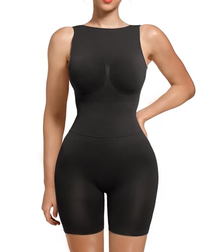 SHAPERX Shapewear Damen Body Miederbody Stark Formend Jumpsuit Kurz Figurformende Bodywäsche Abnehmen Shaping Bodysuit, Schwarz, Large-X-Large von SHAPERX