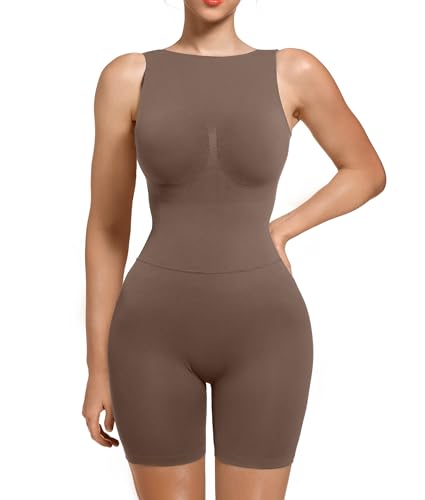 SHAPERX Shapewear Damen Body Miederbody Stark Formend Jumpsuit Kurz Figurformende bodywäsche Abnehmen Shaping Bodysuit, UK-SZ5340-Khaki-L/XL von SHAPERX