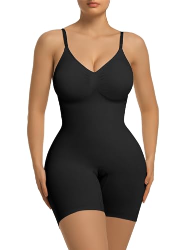 SHAPERX Shapewear für Damen Miederbody Stark Formend Mid thigh Bodysuit Nahtlos Body Shaper Bauchweg Extra Stark mit Abnehmbares Brustpolster, UK-SZ5468-Black-2XL-Plus von SHAPERX