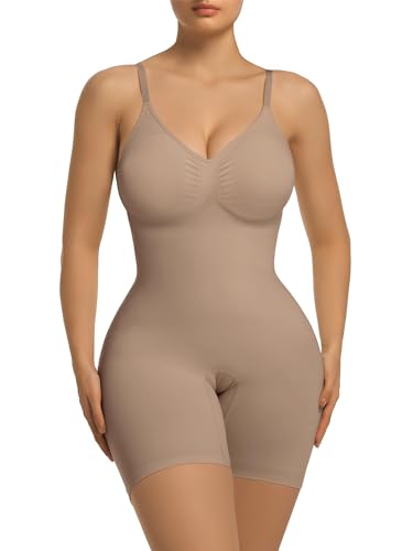 SHAPERX Shapewear für Damen Miederbody Stark Formend Mid thigh Bodysuit Nahtlos Body Shaper Bauchweg Extra Stark mit Abnehmbares Brustpolster, UK-SZ5468-Sienna-2XL-Plus von SHAPERX