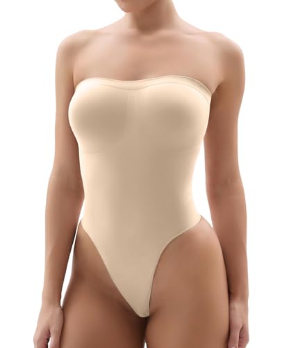 SHAPERX Trägerloser Shapewear Bodysuit Bauchweg Body Damen Formender Bodys Shaper Nahtlos Sculpting Tanga mit Verstellbarer Schultergurt, UK-SZ5216-Beige-L/XL von SHAPERX