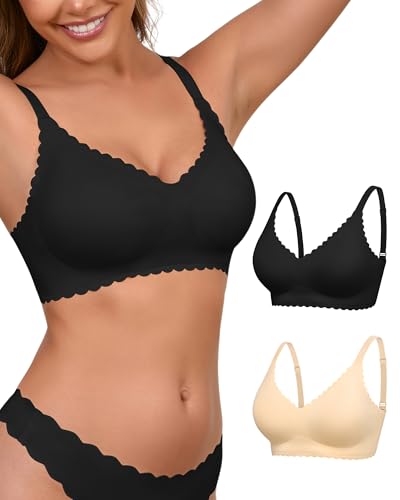 SHARICCA 2er Pack BH Damen ohne Bügel Blütenblatt Design Softschalen Bustier High Elastizität Bequem Seamless Bra(Schwarz Beige-2P01-M) von SHARICCA