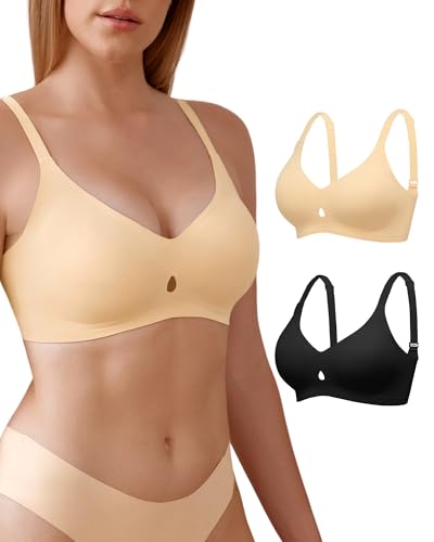 SHARICCA 2er Pack Nahtloser BH Damen Ohne Bügel Push Up BHS mit Gepolsterter Bequemer Glatter Weicher Bralette Bügelloser Bra (Schwarz+Beige XXL) von SHARICCA