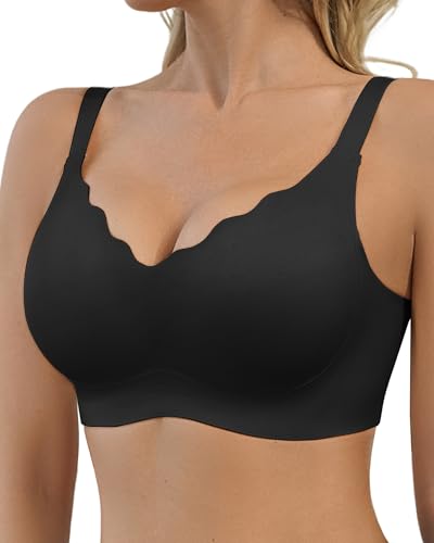 SHARICCA BH Damen Ohne Bügel - Nahtloser V Ausschnitt Gewellte Ränder Push Up BH Soft Atmungsaktiv Seamless Bustier Mit BH-Verlängerung(Schwarz-1P02-S) von SHARICCA