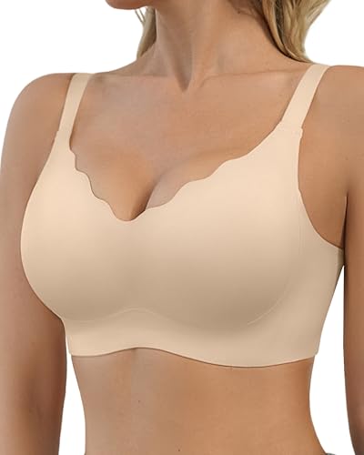 SHARICCA BH Damen Ohne Bügel - Nahtloser V Ausschnitt Gewellte Ränder Push Up BHS Soft Atmungsaktiv Seamless Bustier Mit BH-Verlängerung(Beige-1P03-M) von SHARICCA