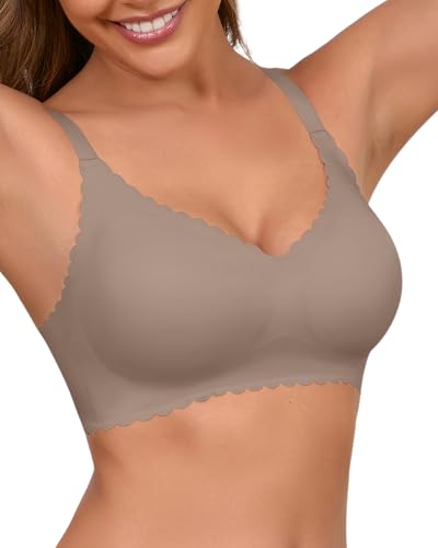 SHARICCA BH Damen ohne Bügel Blütenblatt Design V Ausschnitt High Elastizität Bequem Seamless Bra(Kaffee-1P04-XXL) von SHARICCA