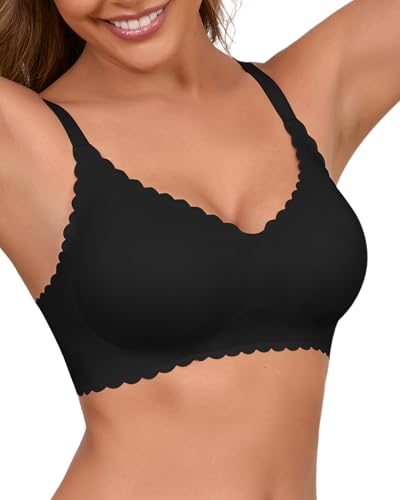 SHARICCA BH Damen ohne Bügel Blütenblatt Design V Ausschnitt High Elastizität Bequem Seamless Bra(Schwarz-1P03-S) von SHARICCA