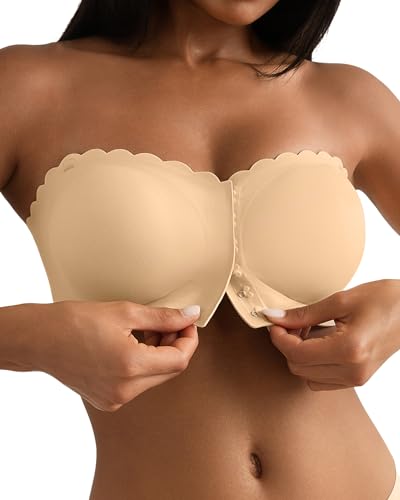 SHARICCA BH Ohne Träger Damen - Mit Verschluss Vorne Trägerloser BHS Bequem Rutschfestes Nahtlose Bandeau Top Mit Transparenten Trägern(Beige-1P02-XL) von SHARICCA