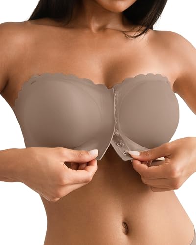 SHARICCA BH Ohne Träger Damen - Mit Verschluss Vorne Trägerloser BHS Bequem Rutschfestes Nahtlose Bandeau Top Mit Transparenten Trägern(Braun-1P04-XL) von SHARICCA