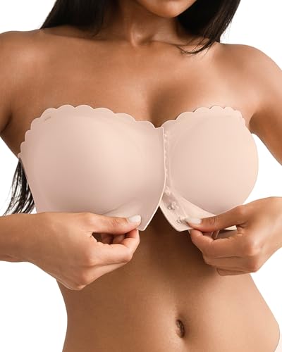 SHARICCA BH Ohne Träger Damen - Mit Verschluss Vorne Trägerloser BHS Bequem Rutschfestes Nahtlose Bandeau Top Mit Transparenten Trägern(Rosa-1P05-L) von SHARICCA