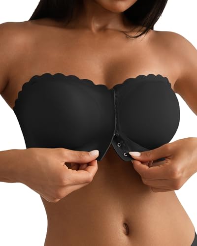 SHARICCA BH Ohne Träger Damen - Mit Verschluss Vorne Trägerloser BHS Bequem Rutschfestes Nahtlose Bandeau Top Mit Transparenten Trägern(Schwarz-1P01-L) von SHARICCA