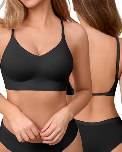SHARICCA BH Rückenfrei Damen V Ausschnitt Seamless Invisible Ohne Bügel BHS Niedrigem Rücken Multiway Träger Soft Atmungsaktiv Bra(Schwarz-1P01-L-V) von SHARICCA
