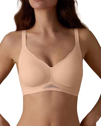 SHARICCA Damen BH Ohne Bügel Bequemer Nahtloser BHS T-Shirts Push Up V-Ausschnitt Weicher Gepolstert Bustier Seamless Bra mit Verstellbaren Trägern(Champagnerfarbe-1P02-L) von SHARICCA