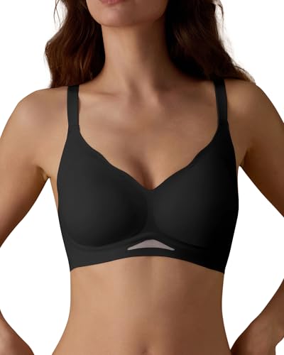 SHARICCA Damen BH Ohne Bügel Bequemer Nahtloser BHS T-Shirts Push Up V-Ausschnitt Weicher Gepolstert Bustier Seamless Bra mit Verstellbaren Trägern(Schwarz-1P01-L) von SHARICCA