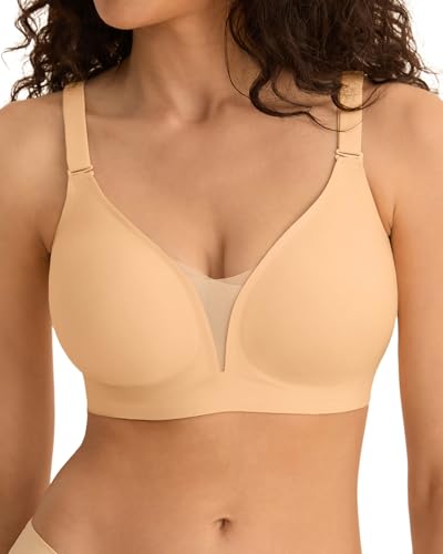 SHARICCA Damen BH Ohne Bügel - Modisch V Ausschnitt Mesh Push Up Bequem BHS Atmungsaktiv Nahtloser Bügelloser T Shirt Bra (Beige-1P02-XXXL) von SHARICCA
