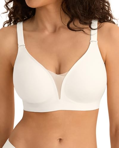 SHARICCA Damen BH Ohne Bügel - Modisch V Ausschnitt Mesh Push Up Bequem BHS Atmungsaktiv Nahtloser Bügelloser T Shirt Bra (Weiß-1P03-XXL) von SHARICCA