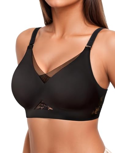 SHARICCA Damen BH ohne Bügel Push-Up Spitzen-BH Nahtloser T-Shirt BH mit Vollbügel Weicher Wireless Bralette Atmungsaktiv für Alltag Schlaf,Schwarz,XXL von SHARICCA
