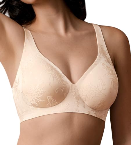 SHARICCA Damen-BHS Tiefe V-Ausschnitt Bügelfrei Nahtloser Weich Atmungsaktiver Vollbügel BH mit Starker Stütze Bequeme Spitzenunterwäsche mit elegant Jacquard-Muster,Hautfarbe,XXL von SHARICCA