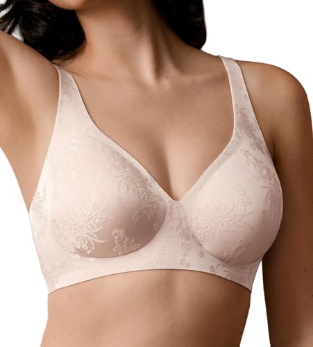 SHARICCA Damen-BHS Tiefe V-Ausschnitt Bügelfrei Nahtloser Weich Atmungsaktiver Vollbügel BH mit Starker Stütze Bequeme Spitzenunterwäsche mit elegant Jacquard-Muster,Rosa Grau,XXL von SHARICCA