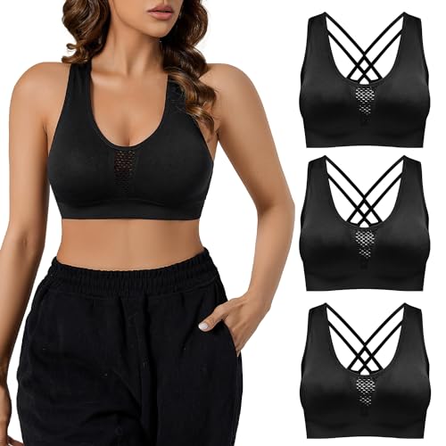 SHARICCA Damen Sport BH Gepolstert Bustier Damen BH Ohne Bügel Schultergurte Crossback Design Push up BH Gestrickte Nahtlose Sportbekleidung BH Top für Fitness Yoga Bra（Schwarz-3P01-M） von SHARICCA