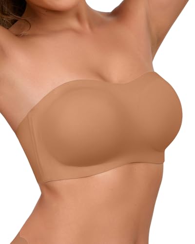 SHARICCA Damen Trägerloser BH Push Up ohne Bügel Bandeau Top Rutschfester Silikon Seamless Bralette mit Abnehmbarer Schultergurt Strapless Bra (Braun-1P04,L) von SHARICCA