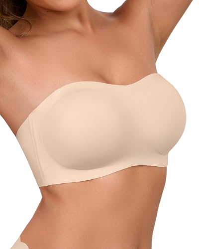 SHARICCA Damen Trägerloser BH Push Up ohne Bügel Bandeau Top Rutschfester Silikon Seamless Bralette mit Abnehmbarer Schultergurt Strapless Bra (Haut-1P02,M) von SHARICCA
