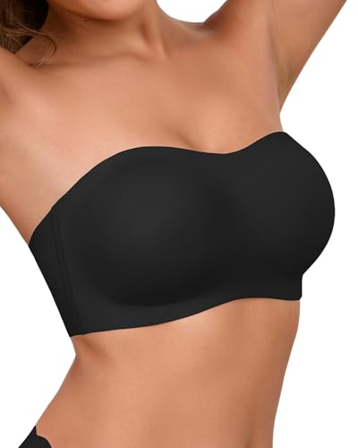 SHARICCA Damen Trägerloser BH Push Up ohne Bügel Bandeau Top Rutschfester Silikon Seamless Bralette mit Abnehmbarer Schultergurt Strapless Bra (Schwarz-1P01,M) von SHARICCA