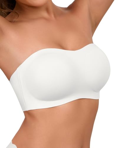 SHARICCA Damen Trägerloser BH Push Up ohne Bügel Bandeau Top Rutschfester Silikon Seamless Bralette mit Abnehmbarer Schultergurt Strapless Bra (Weiß-1P03,S) von SHARICCA