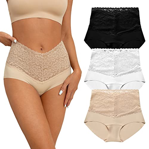 SHARICCA Damen Unterwäsche Hipster Spitze Unterhosen Damen Hohe Taille Atmungsaktiv Sexy Slip 3 Pack (Schwarz/Weiß/Beige, M) von SHARICCA