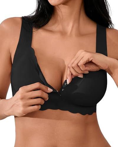 SHARICCA Damen Vorderverschluss BH - Ohne Bügel V Ausschnitt gewellte Ränder Push up BHS Soft Bequem Nahtloser Bralette(Black-1P01-XXL) von SHARICCA