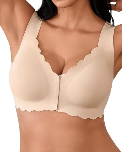 SHARICCA Damen Vorderverschluss BH - Ohne Bügel V Ausschnitt gewellte Ränder Push up BHS Soft Bequem Nahtloser Bralette(Skin-1P02-XL) von SHARICCA