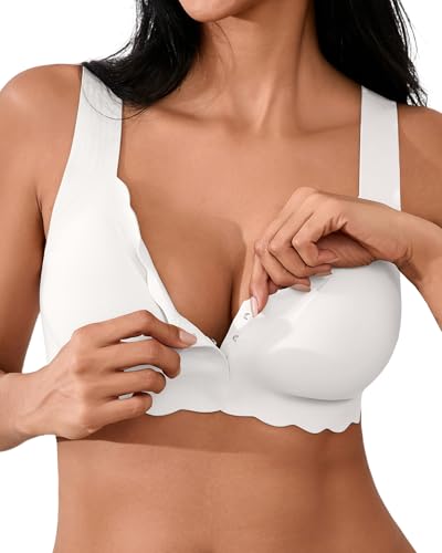 SHARICCA Damen Vorderverschluss BH - Ohne Bügel V Ausschnitt gewellte Ränder Push up BHS Soft Bequem Nahtloser Bralette(White-1P03-M) von SHARICCA