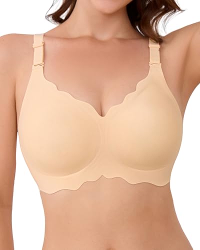 SHARICCA Glatter BH Damen Ohne Bügel Tiefem V-Ausschnitt Push Up BHS Bralette Soft Bequem BH Bügellos Bustier(Beige-1P01-M) von SHARICCA