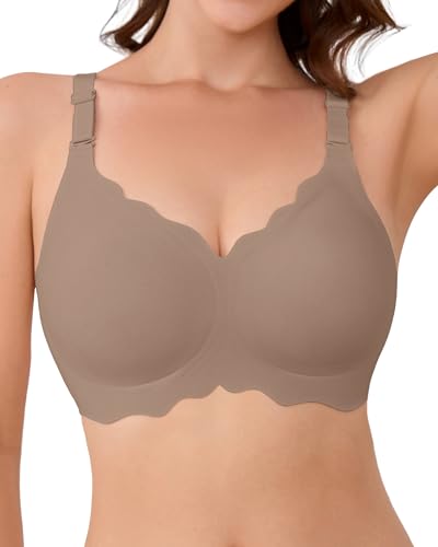 SHARICCA Glatter BH Damen Ohne Bügel Tiefem V-Ausschnitt Push Up BHS Bralette Soft Bequem BH Bügellos Bustier(Kaffee-1P01-L) von SHARICCA