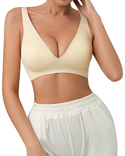 SHARICCA Nahtloser BH Damen Ohne Bügel V-Ausschnitt Bralette Damen BHS Haltungskorrektur Bequem und Weich Bustier Seamless Push up Tshirt Soft(Fleischfarben-1P03-XL) von SHARICCA