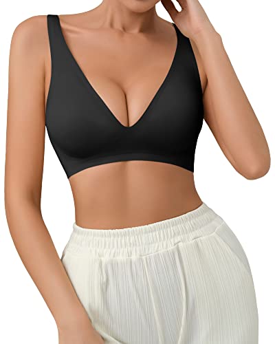 SHARICCA Nahtloser BH Damen Ohne Bügel V-Ausschnitt Bralette Damen BHS Haltungskorrektur Bequem und Weich Bustier Seamless Push up Tshirt BH Soft(Schwarz-1P03-L) von SHARICCA