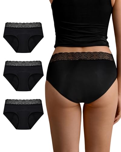 SHARICCA Periodenunterschwäsche Starke Blutung 60ml Niedrige Taille SaugfäHigkeit Perioden Weiche Unterwäsche mit Spitze Menstruationsunterwäsche Periodenslip(Schwarz-3P01-M) von SHARICCA