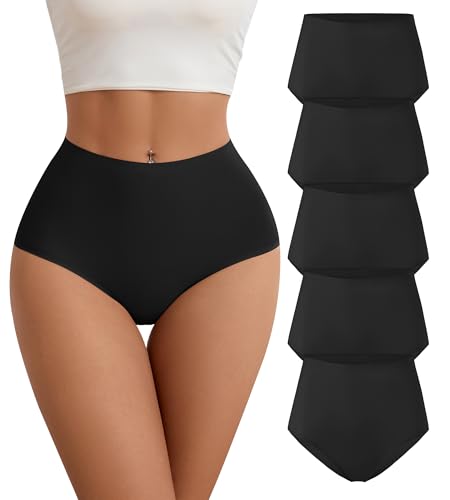 SHARICCA Seamless Slips Damen Unterhosen Nahtlos Hohe Taille Hipster Unterwäsche No Show ohne Naht Atmungsaktiv Mehrpack(Schwarz-5P02-XL) von SHARICCA